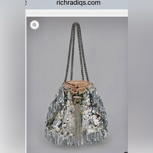 NWT Rich Radi Q's New York Crystal Fringe Sequin Bucket Bag Silver $299 C8A5383